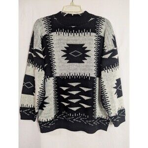 Vintage 80s American Pride Aztec Knit Black White Mock Neck Sweater Men's Large